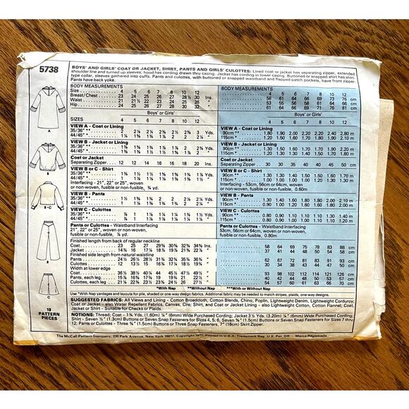 Vintage 1970s McCalls 5738 Sewing Pattern Sz 4 Toddler Coat Jacket Pant Culotte - Picture 2 of 2